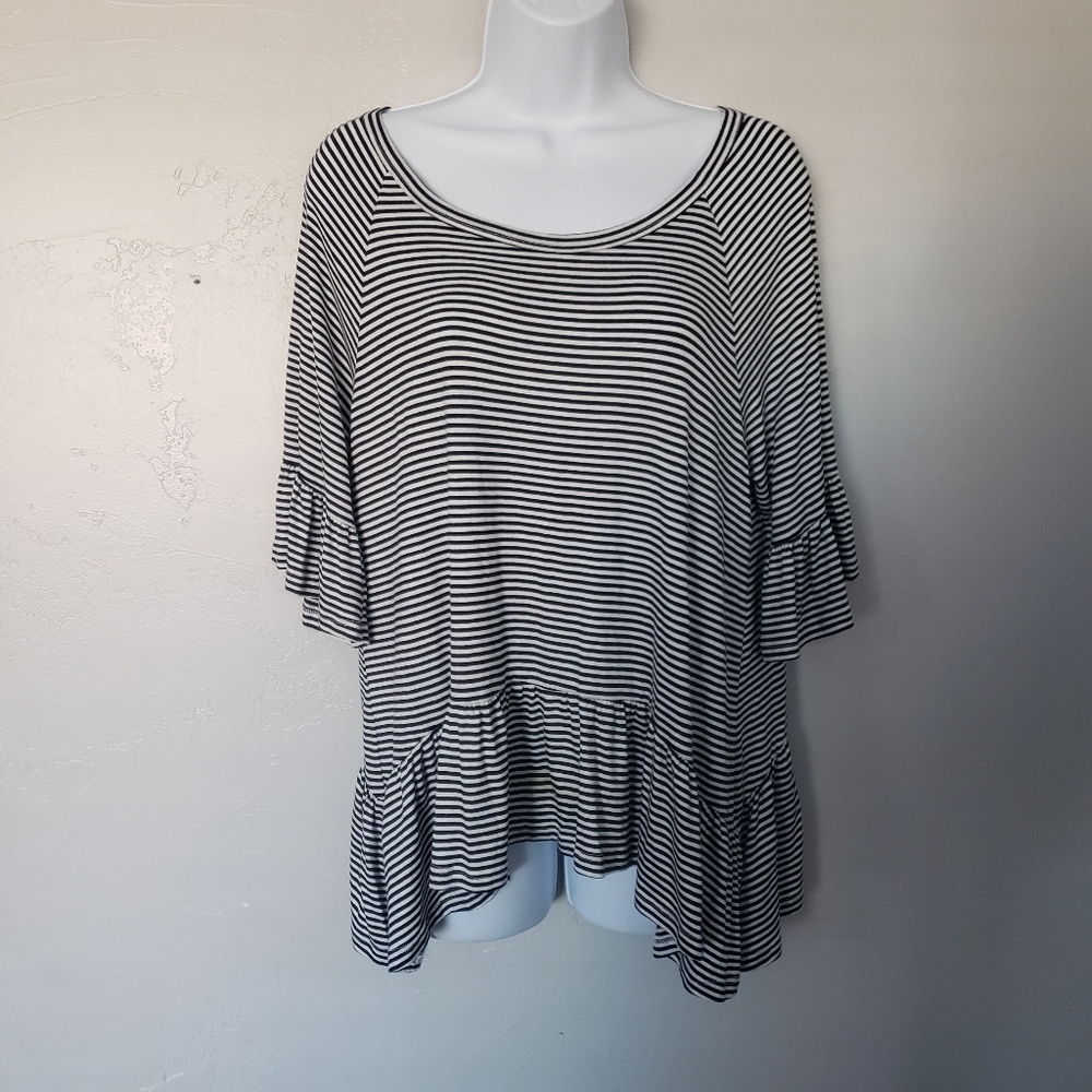 7th Ray Black & White Striped Blouse Quarter Sleeve Ruffle Soft Strechy Top